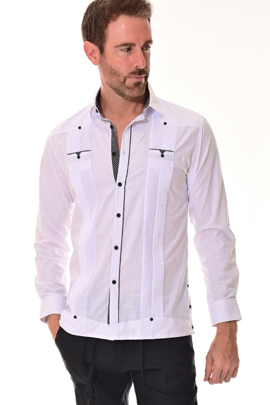 Men's Guayabera Shirt L/S Fancy Cotton Contrast Detail WHITE/BLACK - MCFG3318-P