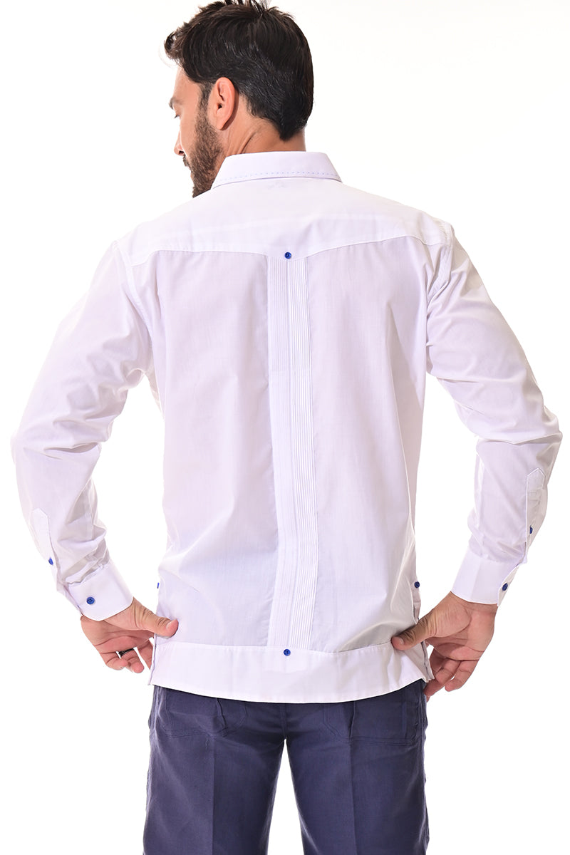Men's Guayabera Shirt L/S Fancy Cotton Contrast Detail WHITE/BLUE - MCFG3319-P