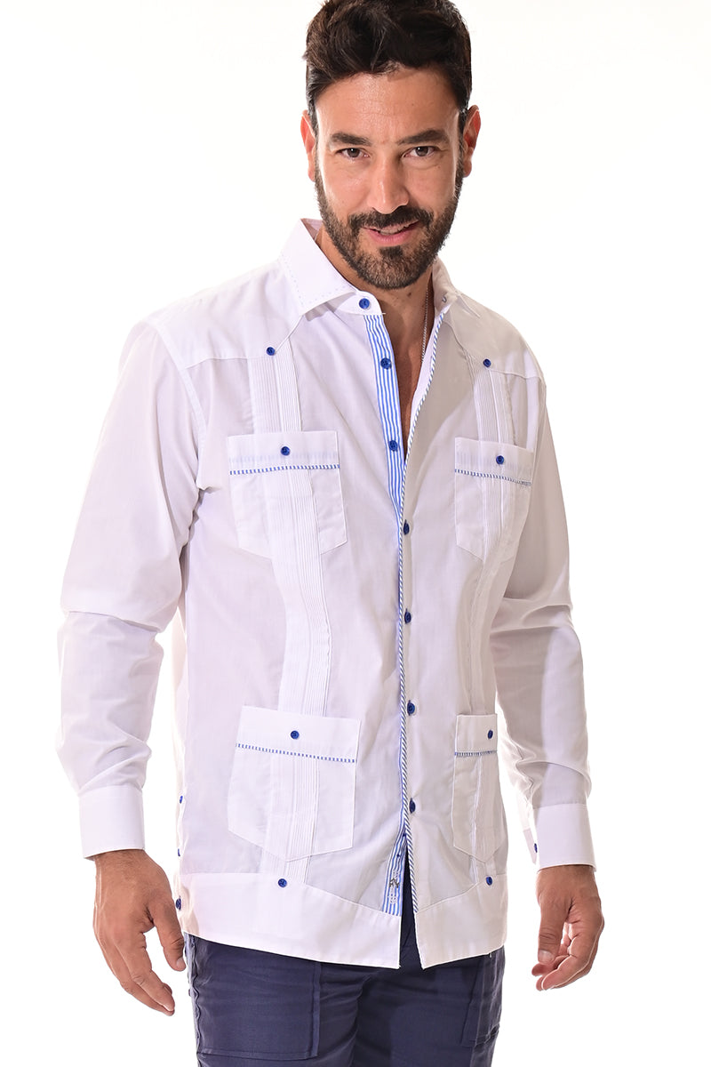 Men's Guayabera Shirt L/S Fancy Cotton Contrast Detail WHITE/BLUE - MCFG3319-P