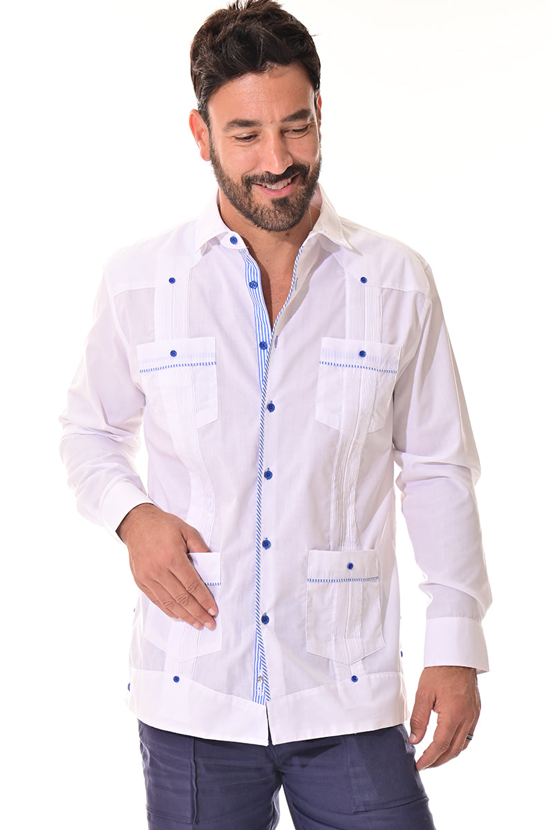 Men's Guayabera Shirt L/S Fancy Cotton Contrast Detail WHITE/BLUE - MCFG3319-P