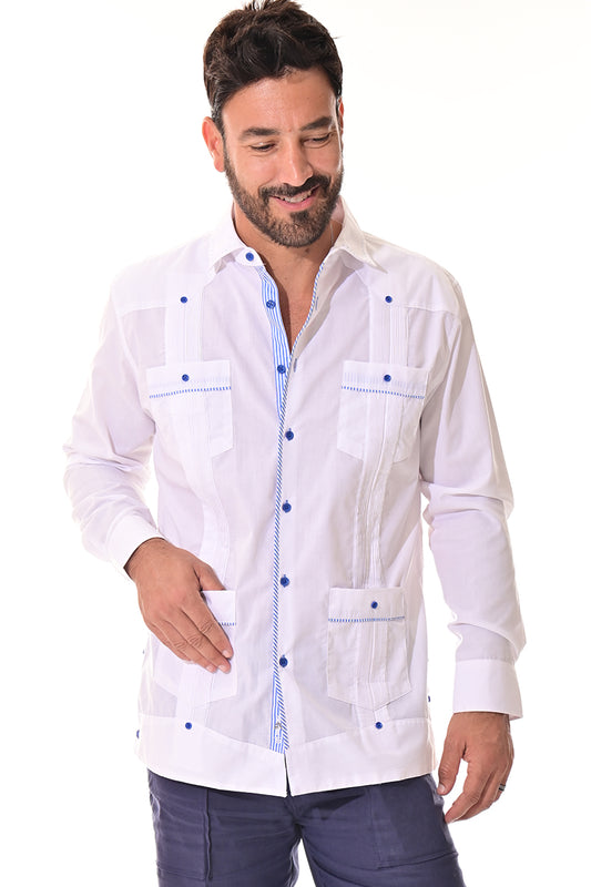Men's Guayabera Shirt L/S Fancy Cotton Contrast Detail WHITE/BLUE - MCFG3319-P