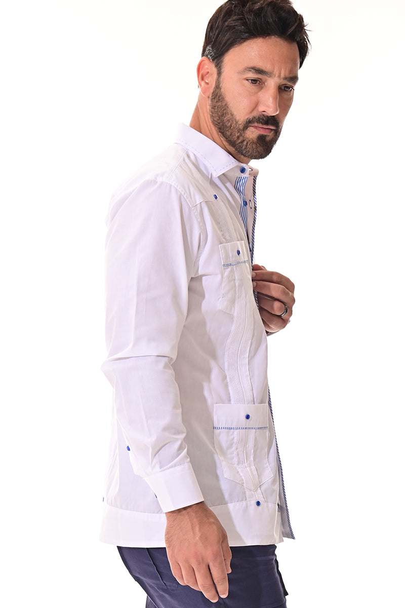 Men's Guayabera Shirt L/S Fancy Cotton Contrast Detail WHITE/BLUE - MCFG3319-P