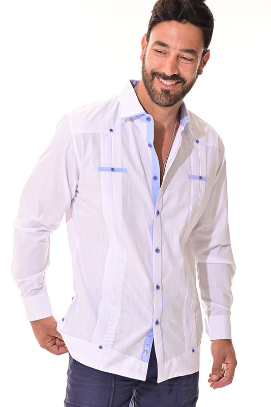 Men's Guayabera Shirt L/S Fancy Cotton Contrast Detail WHITE/BLUE - MCFG3320-P