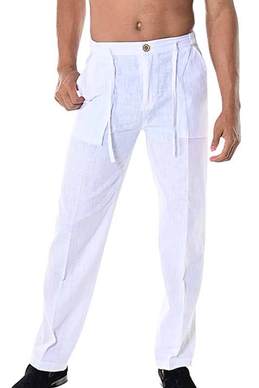 Men Cotton Gauze Drawstring Pants - WHITE - MCP1435 - 6 PCS/PRE-PACK