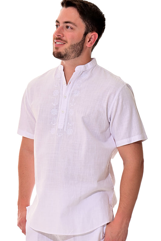 Mens Cotton Gauze Embroidered Banded Collar Shirt in White - MCS1077 - 6 PCS/PRE-PACK
