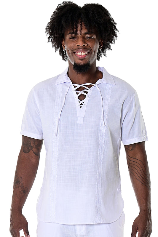 Mens Cotton Gauze Embroidered Drawstring Collar Shirt WHITE - MCS1078 - 6 PCS/PRE-PACK