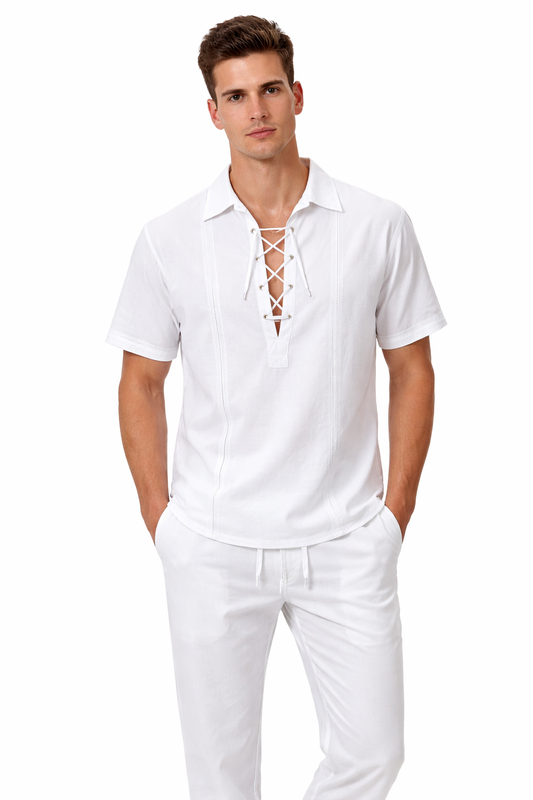 Mens Cotton Gauze Embroidered Drawstring Collar Shirt WHITE - MCS1078 - 6 PCS/PRE-PACK