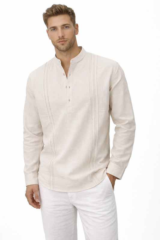 Men Cotton Gauze Pin-Tucked Banded Collar L/S Shirt - MCS1079 - 6 PCS/PRE-PACK