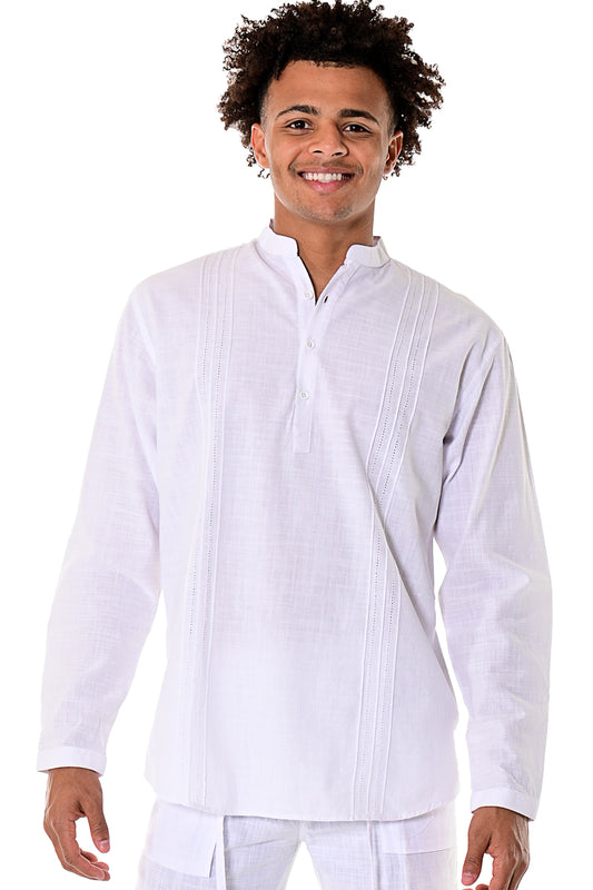Mens Cotton Gauze Pin-Tucked Banded Collar L/S Shirt WHITE - MCS1079 - 6 PCS/PRE-PACK