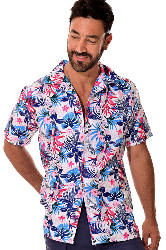 Men Microfiber Floral Print Short Sleeve Shirt by BOHIO - MCS3127 - 6 PCS/PRE-PACK