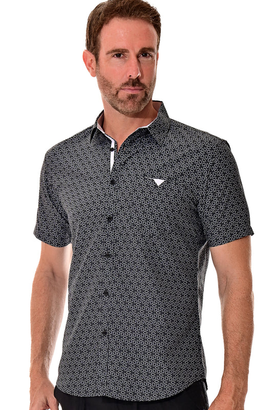 Men Microfiber Modern Print Short Sleeve Shirt BLACK by BOHIO - MCS3194 - 6 PCS/PRE-PACK