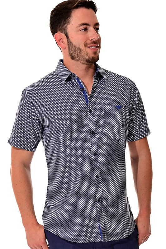 Men Microfiber Modern Print Short Sleeve Shirt by BOHIO Navy - MCS3195 - 6 PCS/PRE-PACK