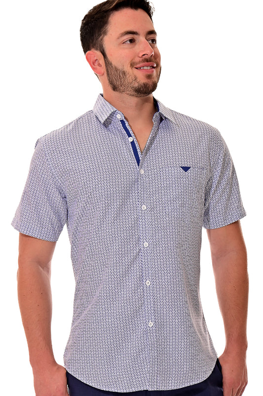 Men Microfiber Modern Print Short Sleeve Shirt WHITE/ROYAL by BOHIO - MCS3198 - 6 PCS/PRE-PACK