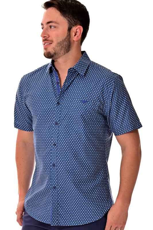 Men Microfiber Modern Print Short Sleeve Shirt Blue by BOHIO - MCS3199 - 6 PCS/PRE-PACK