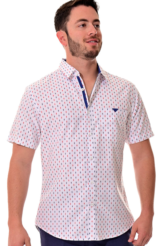 Men Microfiber Modern Print Short Sleeve Shirt White by BOHIO - MCS3202 - 6 PCS/PRE-PACK