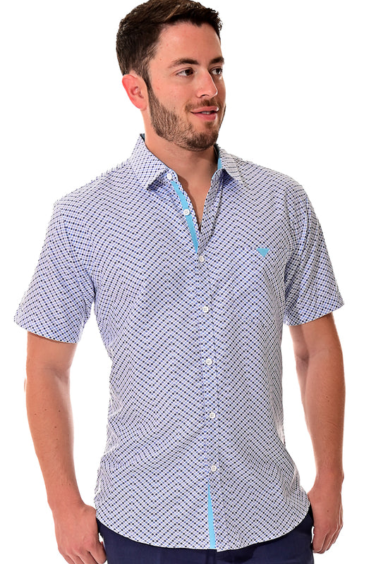 Men Microfiber Modern Print Short Sleeve Shirt White/Blue by BOHIO - MCS3203 - 6 PCS/PRE-PACK