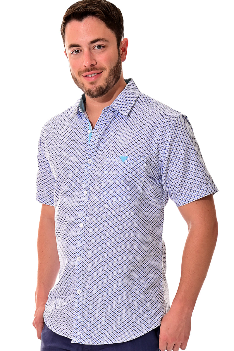 Men Microfiber Modern Print Short Sleeve Shirt White/Blue by BOHIO - MCS3203 - 6 PCS/PRE-PACK