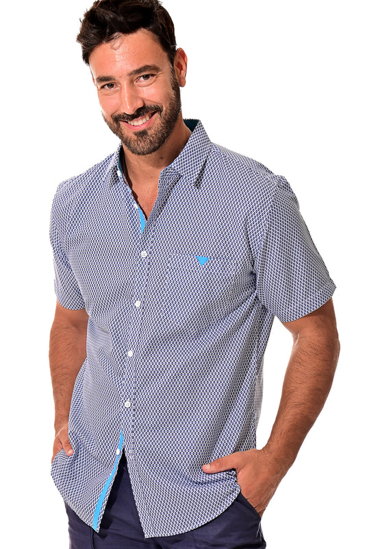 Men Microfiber Modern Print Short Sleeve Shirt Blue by BOHIO - MCS3205 - 6 PCS/PRE-PACK