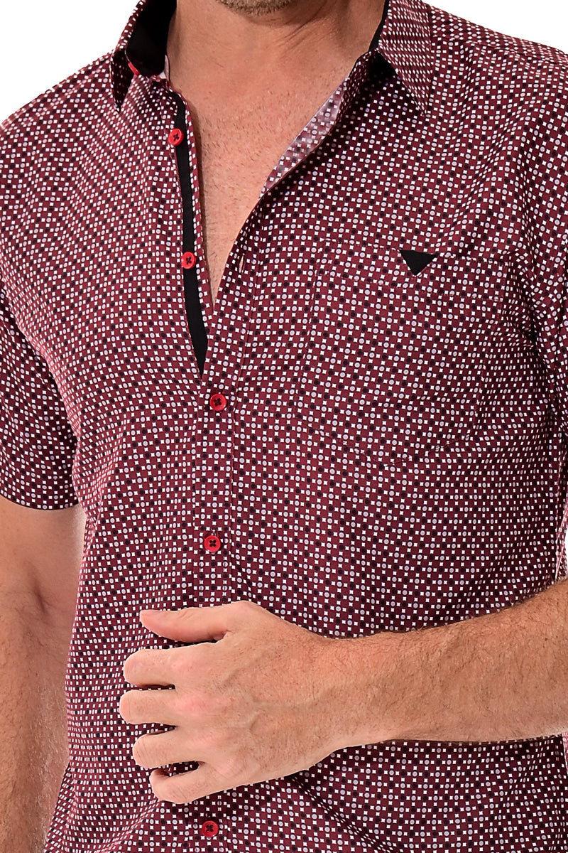 Men Microfiber Modern Print Short Sleeve Shirt Burgundy by BOHIO - MCS3207 - 6 PCS/PRE-PACK