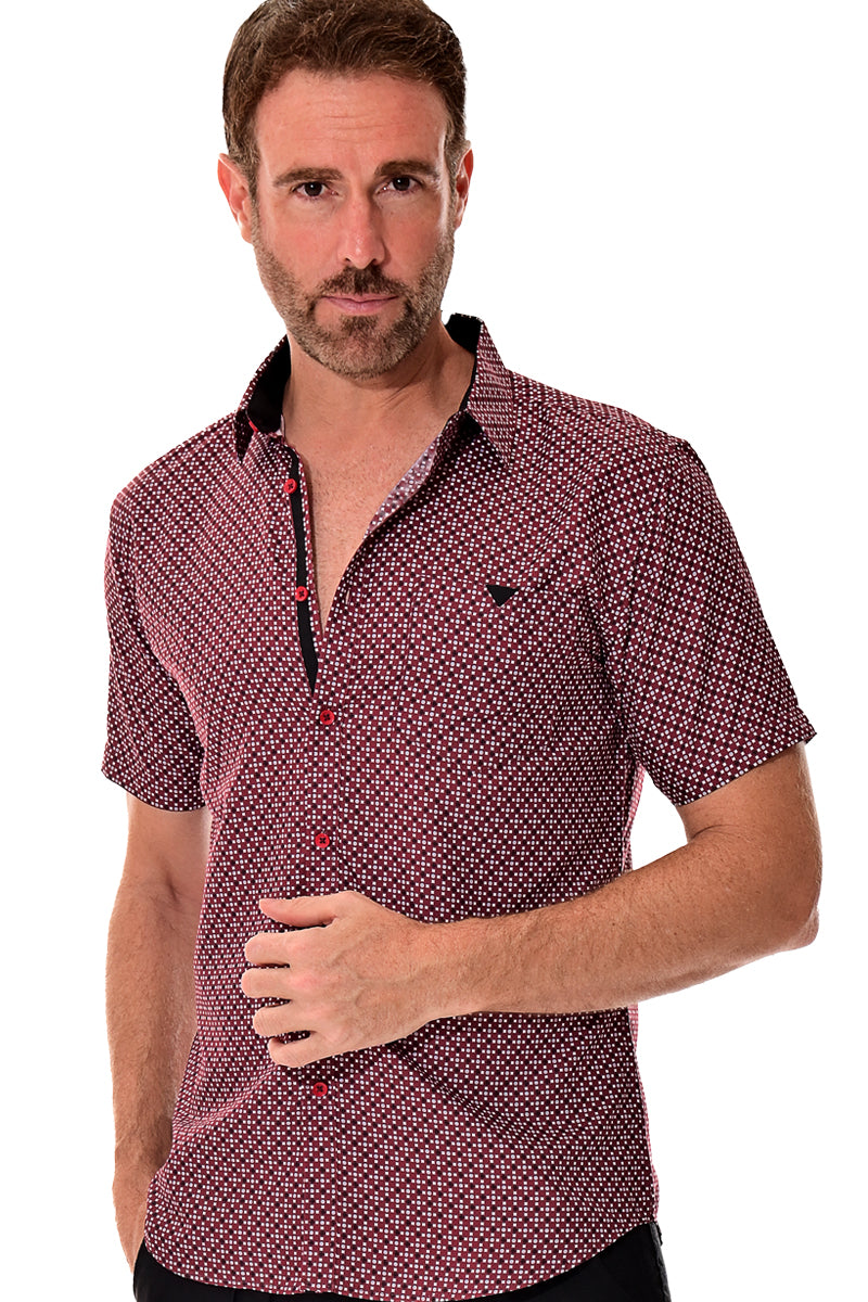 Men Microfiber Modern Print Short Sleeve Shirt Burgundy by BOHIO - MCS3207 - 6 PCS/PRE-PACK