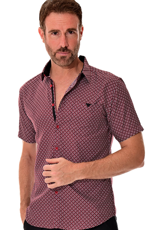 Men Microfiber Modern Print Short Sleeve Shirt Burgundy by BOHIO - MCS3207 - 6 PCS/PRE-PACK