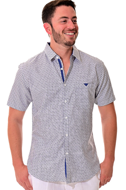 Men Microfiber Modern Print Short Sleeve Shirt - White/Black by BOHIO - MCS3208 - 6 PCS/PRE-PACK