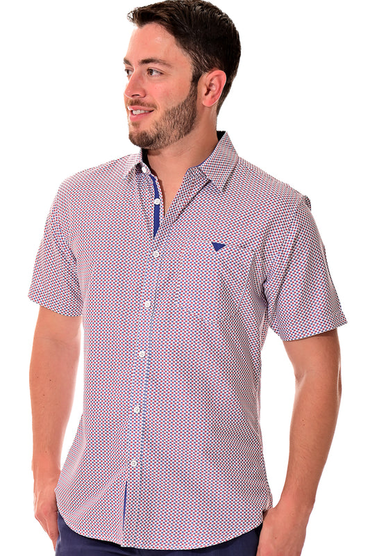 Men Microfiber Print Short Sleeve Shirt by BOHIO White/Red/Blue by BOHIO - MCS3209 - 6 PCS/PRE-PACK