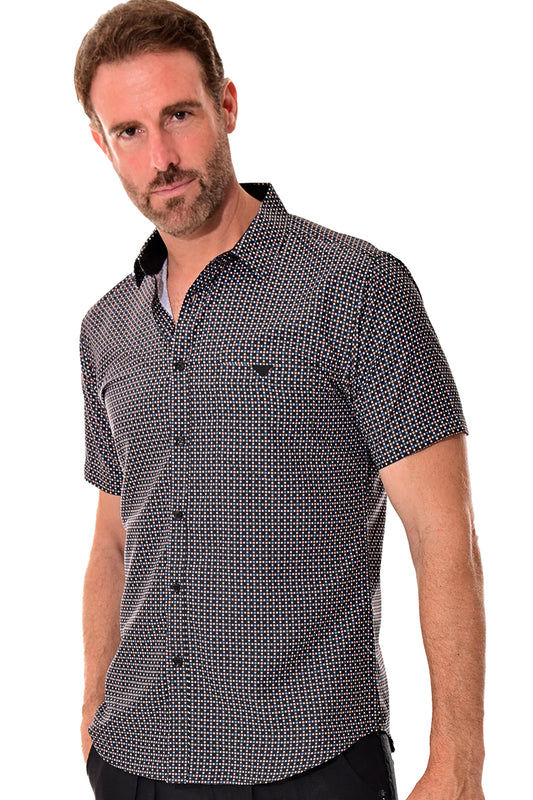 Men Microfiber Modern Print Short Sleeve Shirt Black by BOHIO - MCS3210 - 6 PCS/PRE-PACK