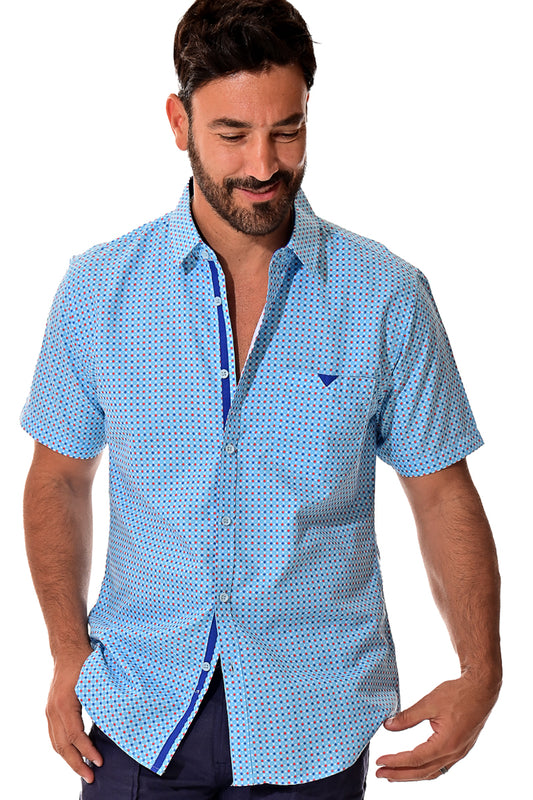 Men Microfiber Modern Print Short Sleeve Shirt Blue by BOHIO - MCS3212 - 6 PCS/PRE-PACK
