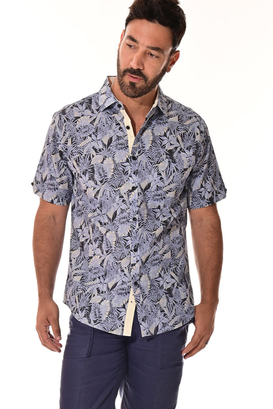 Men Cotton-Gauze Print Short Sleeve Shirt-NAVY PRINT-MCS3266- 6 PCS/PRE-PACK