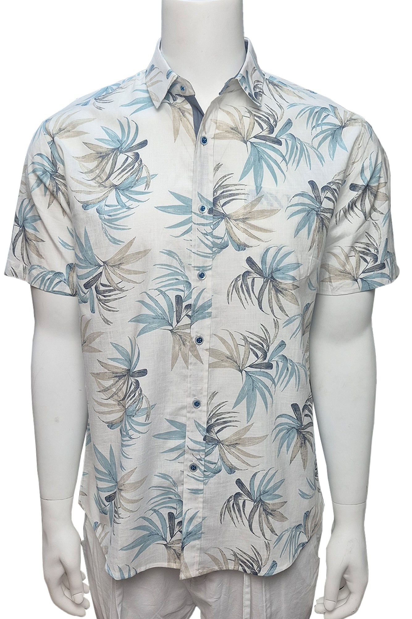 Men Cotton-Gauze Print Short Sleeve Shirt-WHITE/SAGE-BOHIO - MCS3695 - 6 PCS/PRE-PACK