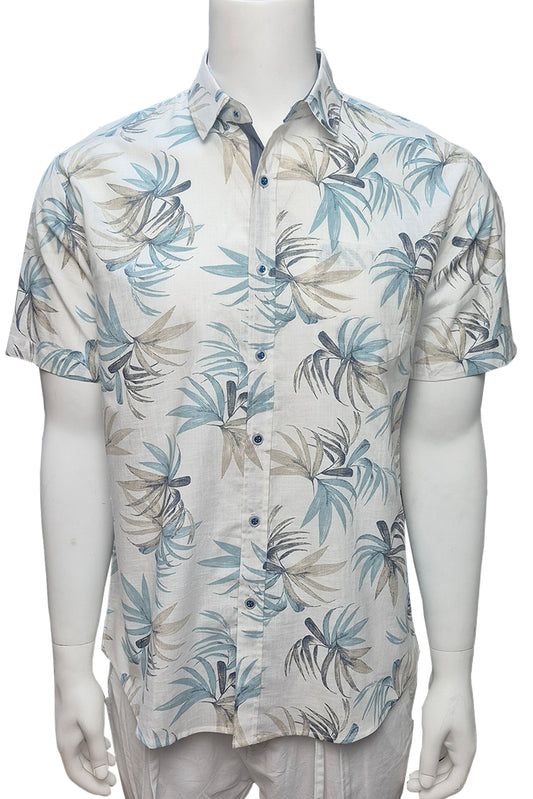 Men Cotton-Gauze Print Short Sleeve Shirt - WHITE/SAGE - BOHIO - MCS3695-P