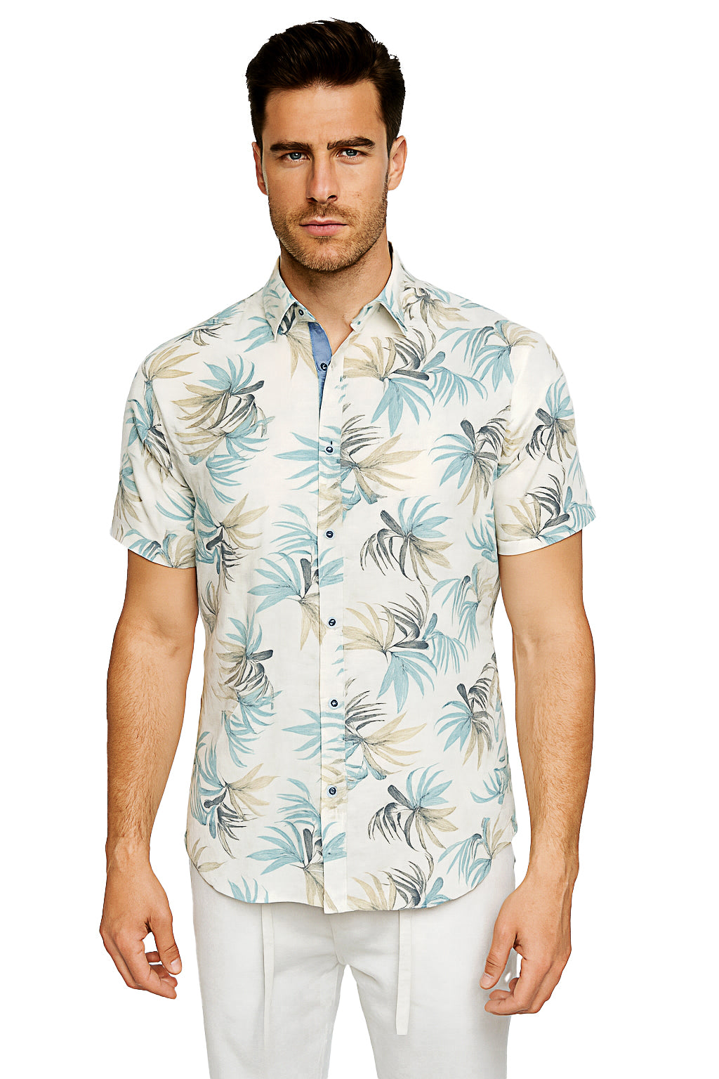 Men Cotton-Gauze Print Short Sleeve Shirt-WHITE/SAGE-BOHIO - MCS3695 - 6 PCS/PRE-PACK