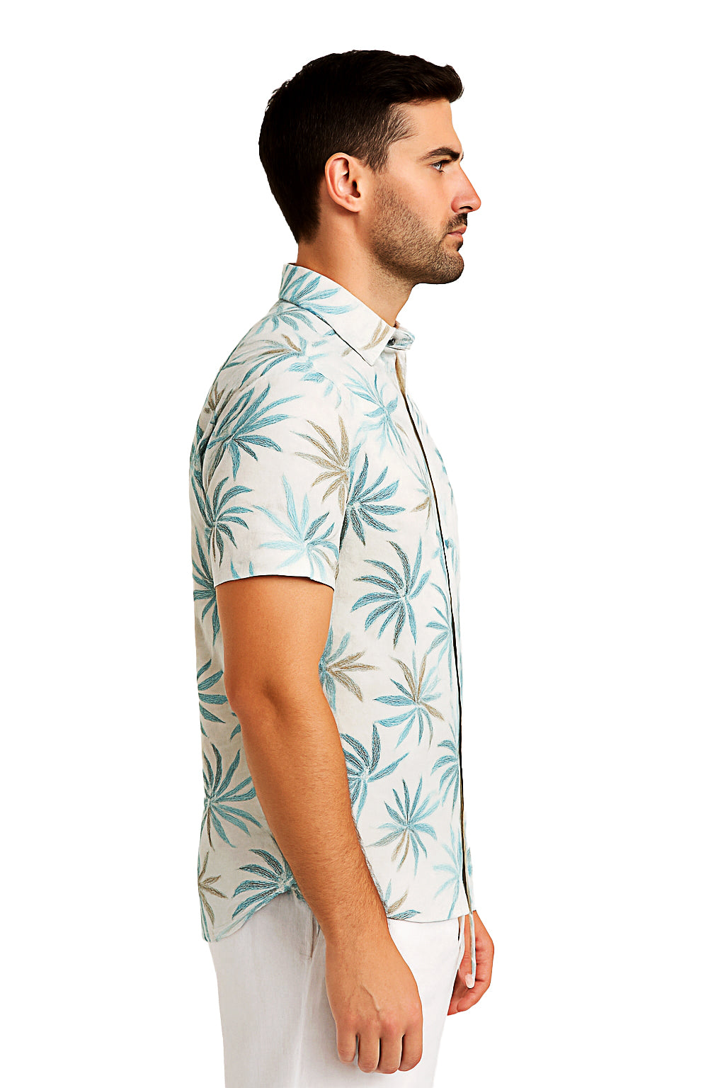 Men Cotton-Gauze Print Short Sleeve Shirt-WHITE/SAGE-BOHIO - MCS3695 - 6 PCS/PRE-PACK