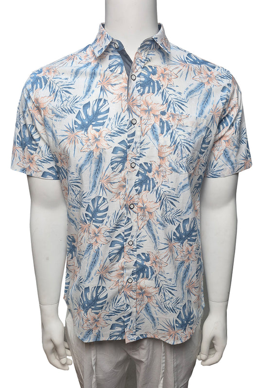 Men Cotton-Gauze Print Short Sleeve Shirt - WHITE/BLUE - BOHIO - MCS3696-P