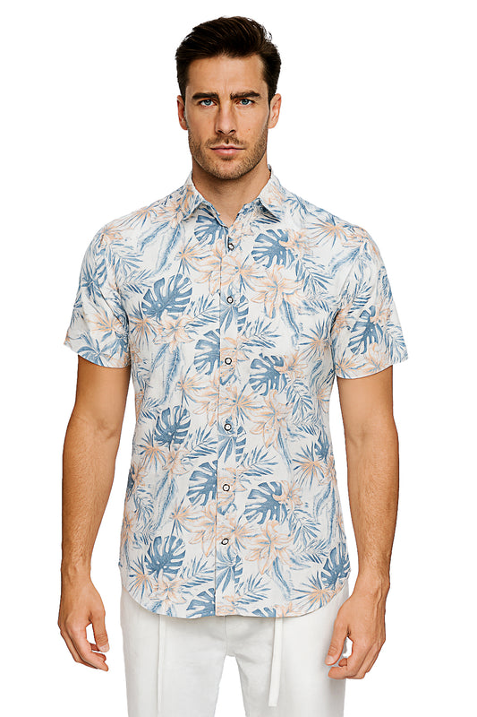 Men Cotton-Gauze Print Short Sleeve Shirt - WHITE/BLUE - BOHIO - MCS3696-6 PCS/PRE-PACK