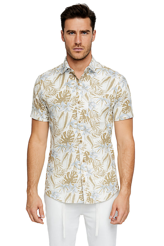 Men Cotton-Gauze Print Short Sleeve Shirt - IVORY/BEIGE - BOHIO - MCS3697 - 6 PCS/PRE-PACK