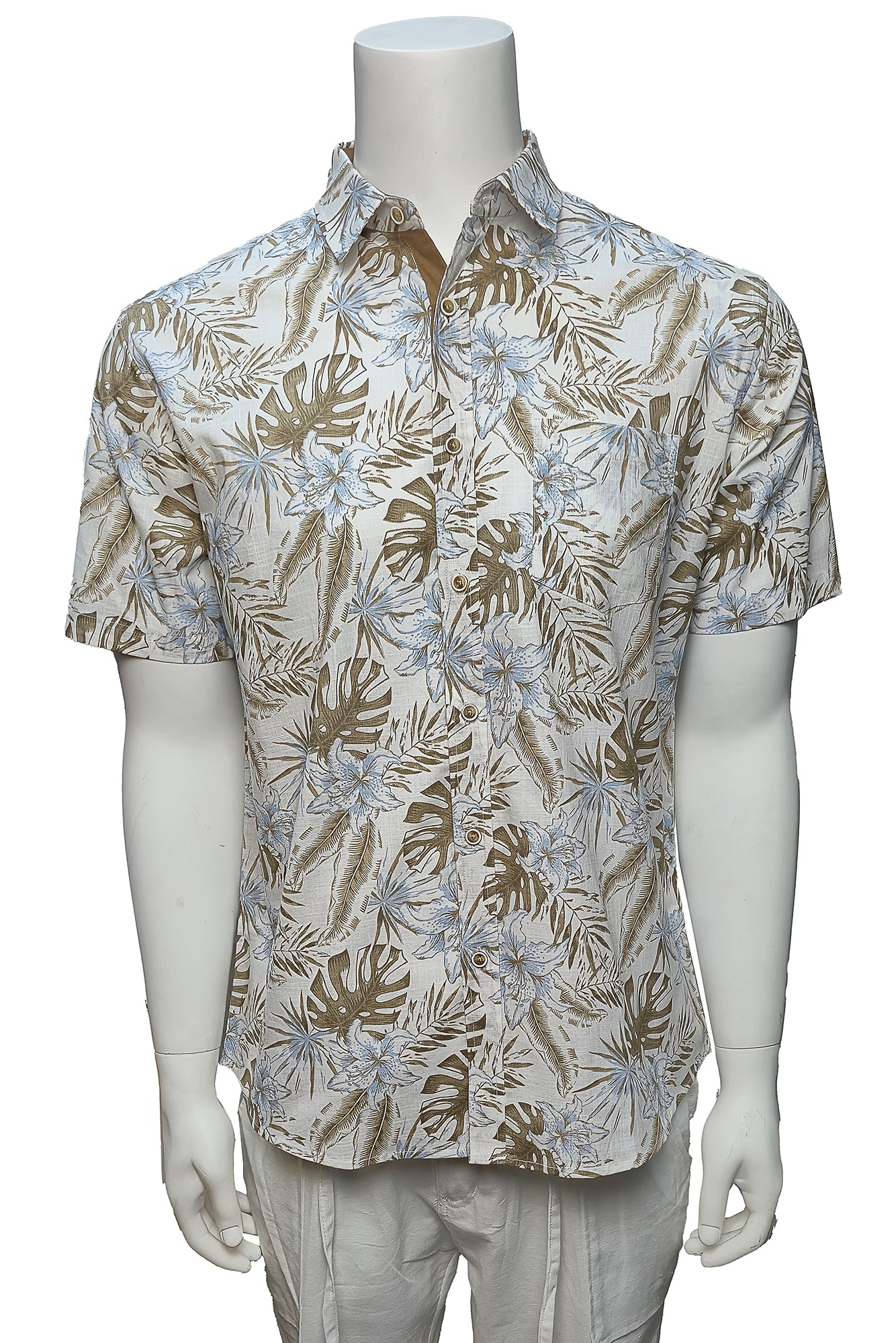 Men Cotton-Gauze Print Short Sleeve Shirt - IVORY/BEIGE - BOHIO - MCS3697 - 6 PCS/PRE-PACK
