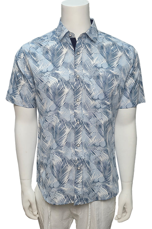 Men Cotton-Gauze Print Short Sleeve Shirt - WHITE/BLUE - BOHIO - MCS3698-P