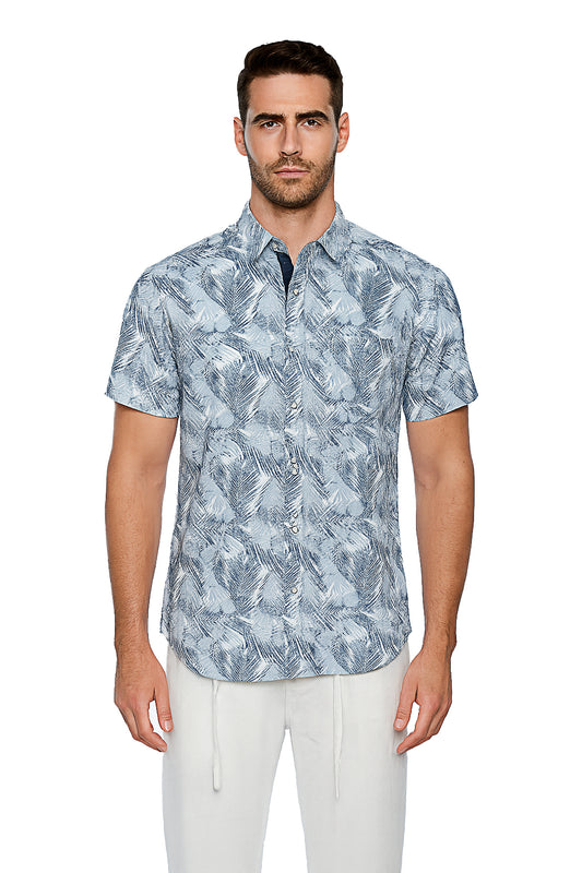 Men Cotton-Gauze Print Short Sleeve Shirt - WHITE/BLUE - BOHIO - MCS3698 - 6 PCS/PRE-PACK