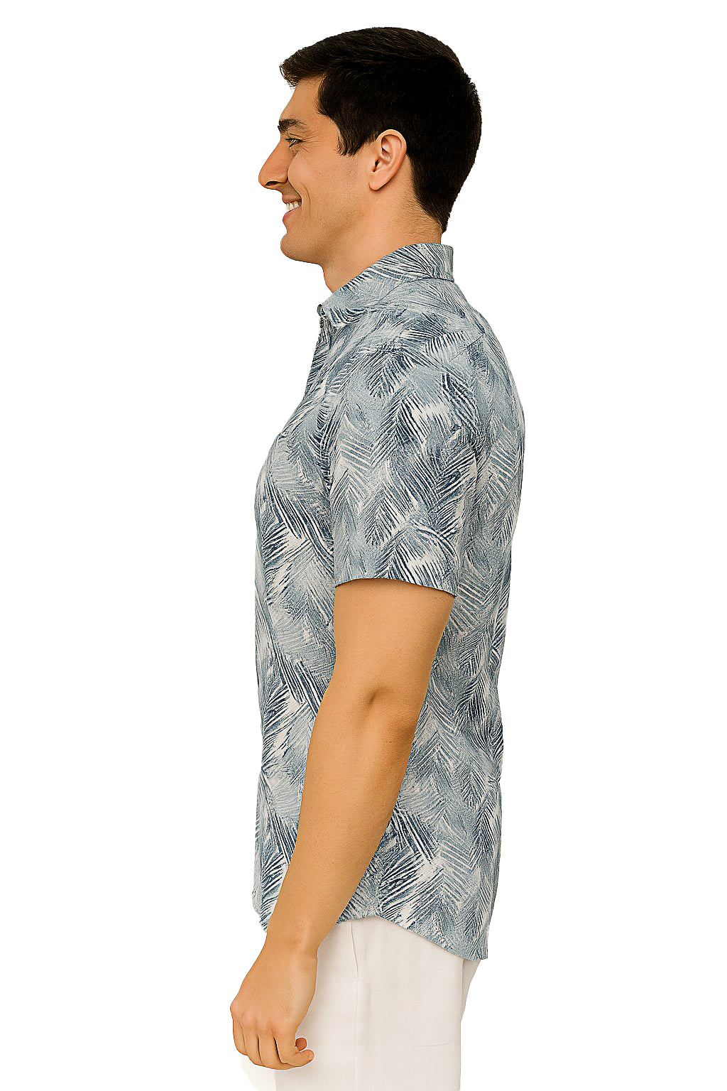 Men Cotton-Gauze Print Short Sleeve Shirt - WHITE/BLUE - BOHIO - MCS3698 - 6 PCS/PRE-PACK