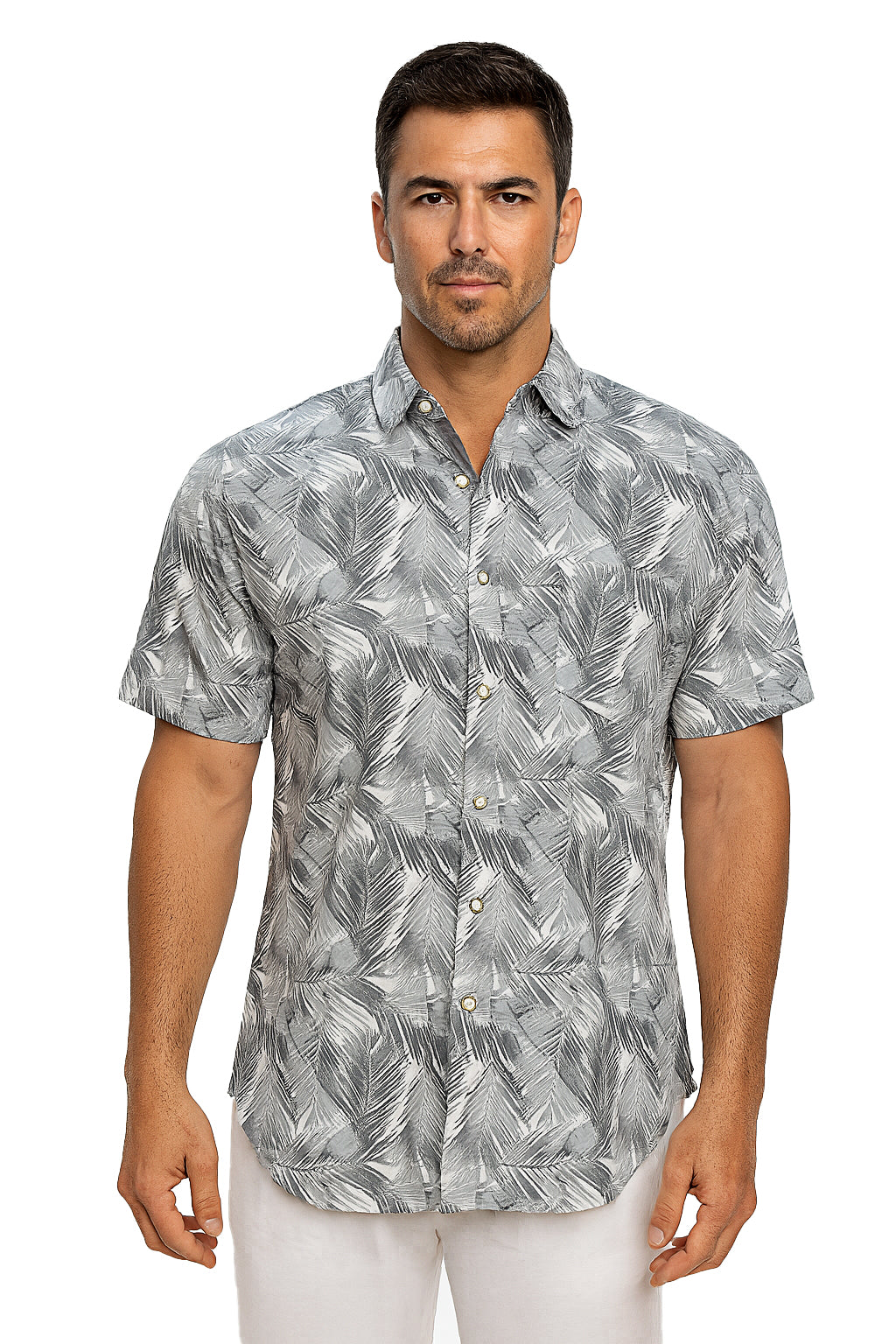 Men Cotton-Gauze Print Short Sleeve Shirt - WHITE/GREY - BOHIO - MCS3699 - 6 PCS/PRE-PACK