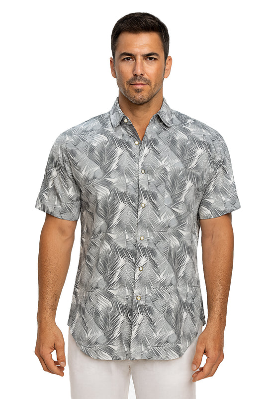 Men Cotton-Gauze Print Short Sleeve Shirt - WHITE/GREY - BOHIO - MCS3699 - 6 PCS/PRE-PACK