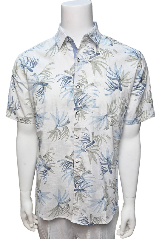 Men Cotton-Gauze Print Short Sleeve Shirt - WHITE/BLUE - BOHIO - MCS3700-P
