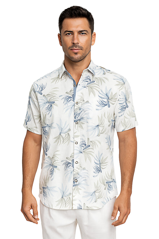 Men Cotton-Gauze Print Short Sleeve Shirt - WHITE/BLUE - BOHIO - MCS3700 - 6 PCS/PRE-PACK