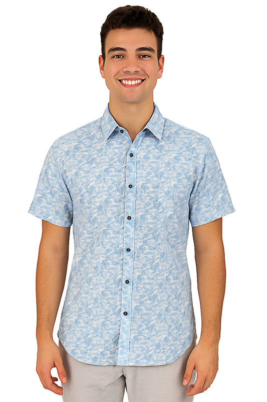 Men Cotton-Gauze Print Short Sleeve Shirt - WHITE/BLUE - BOHIO - MCS3701 - 6 PCS/PRE-PACK
