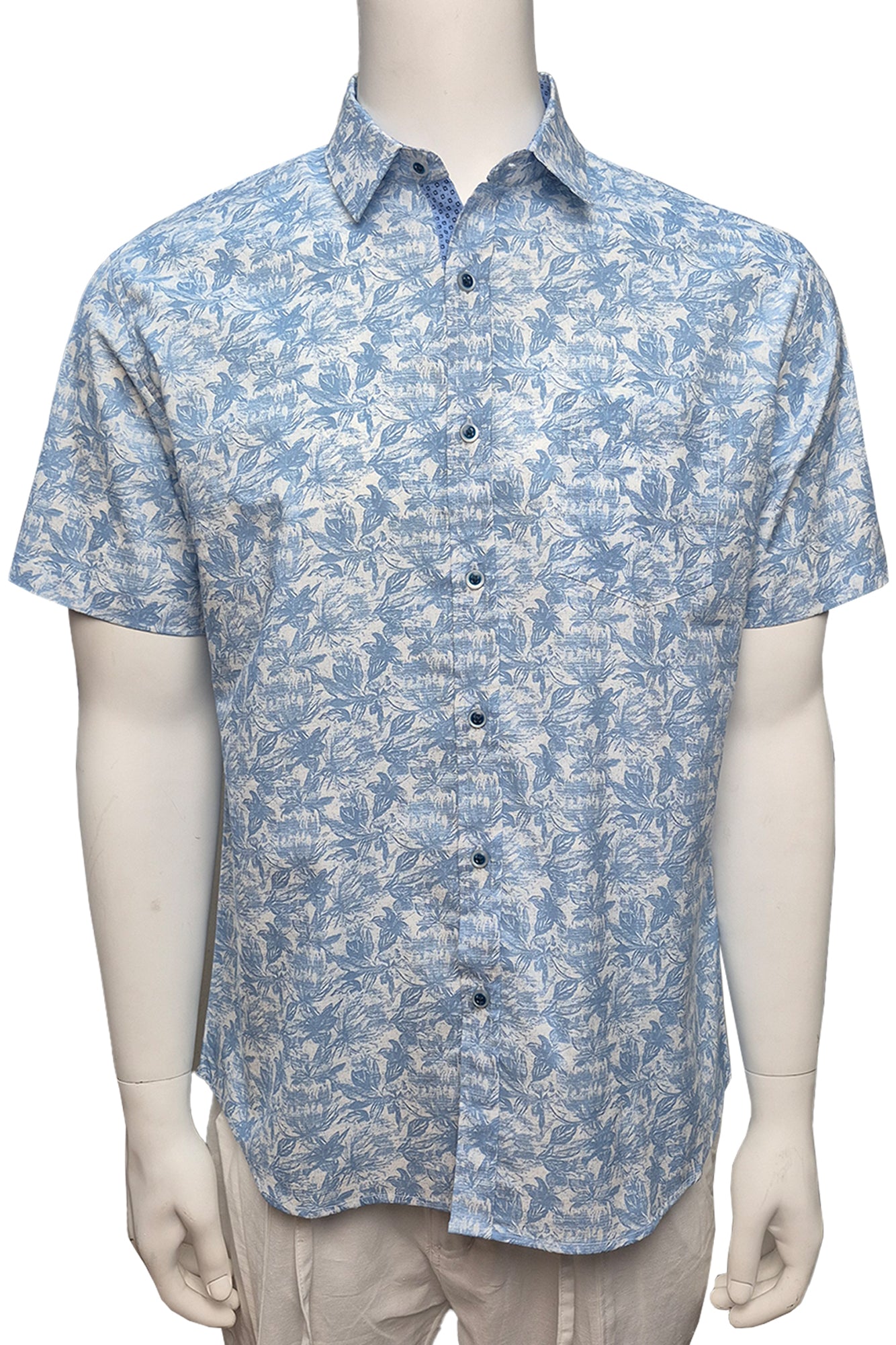 Men Cotton-Gauze Print Short Sleeve Shirt - WHITE/BLUE - BOHIO - MCS3701 - 6 PCS/PRE-PACK
