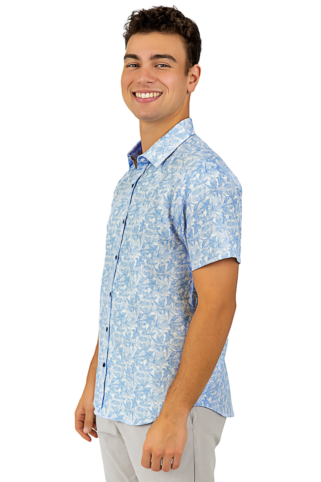 Men Cotton-Gauze Print Short Sleeve Shirt - WHITE/BLUE - BOHIO - MCS3701 - 6 PCS/PRE-PACK