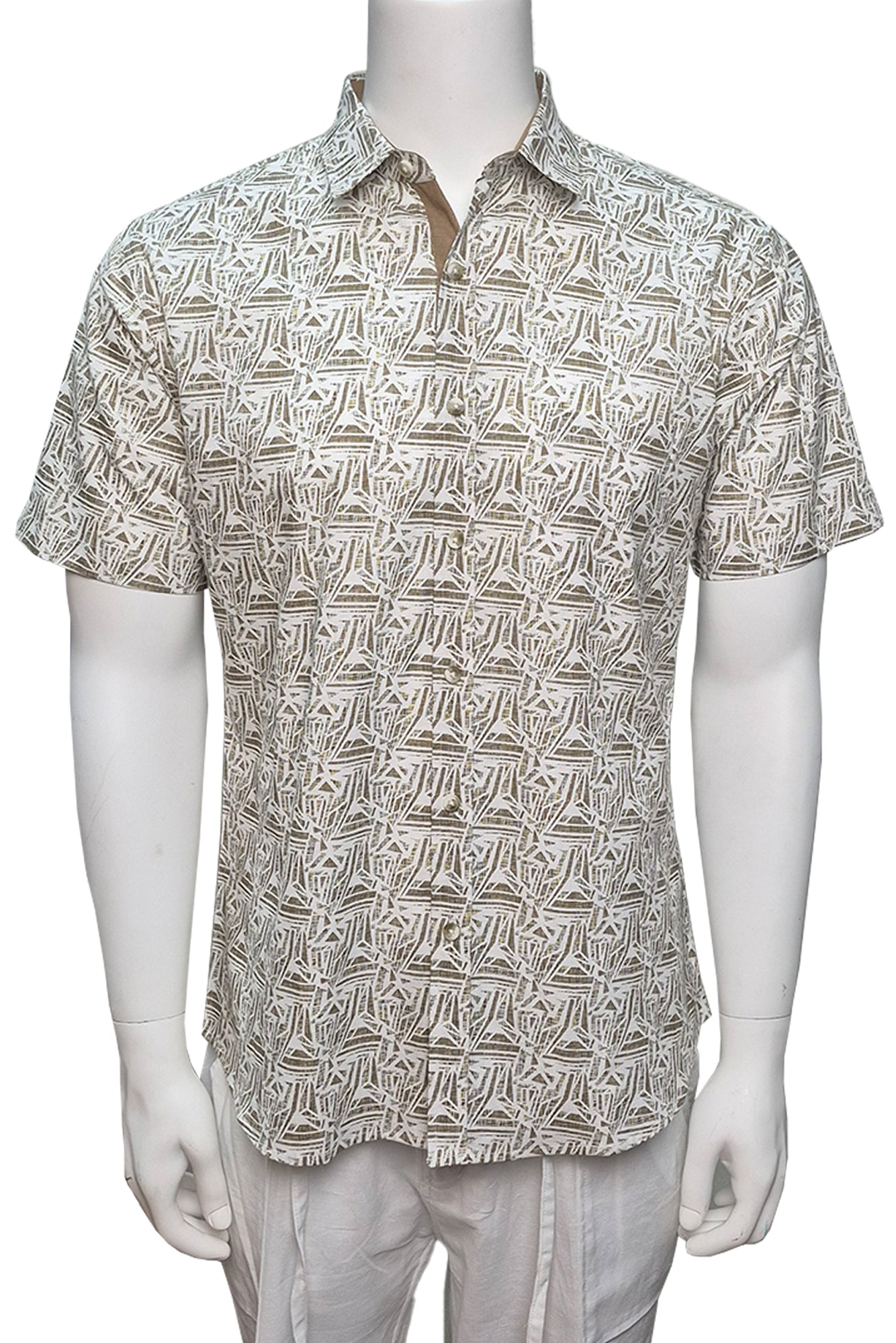 Men Cotton-Gauze Print Short Sleeve Shirt - WHITE/NATURAL - BOHIO - MCS3702 - 6 PCS/PRE-PACK