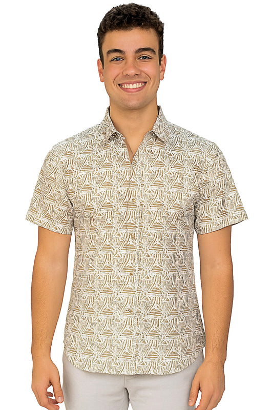 Men Cotton-Gauze Print Short Sleeve Shirt - WHITE/NATURAL - BOHIO - MCS3702 - 6 PCS/PRE-PACK